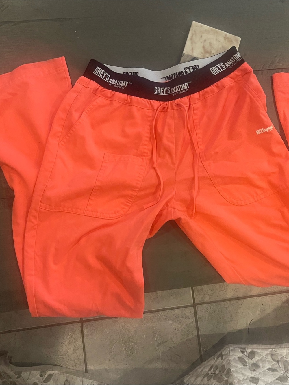 Grey's Anatomy Neon Orange Drawstring Scrub flare coral